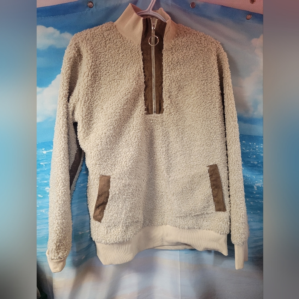 THML Anthropologie Sherpa & Faux Suede Pullover Quarter‎ Zip Jacket Size Medium